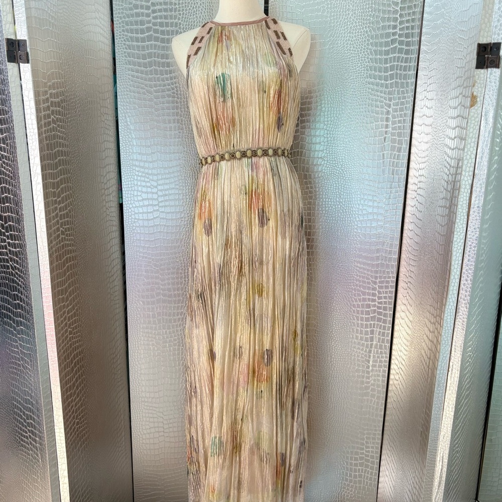 Blank NYC Cream Pleated Halter Maxi Gown